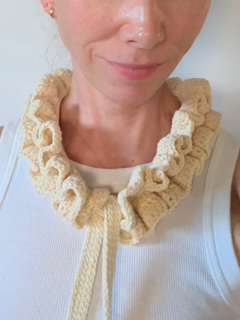 Handmade Crochet Ruffled Ribbon Skinny Scarf Tie Collar Choker Coquette